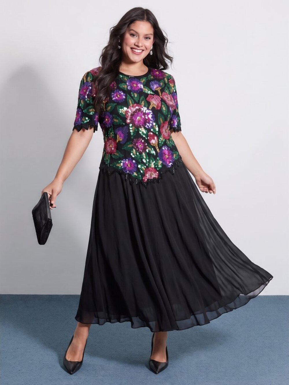 Vintage Laurence Kazar Black Dress with Vibrant Floral Sequins